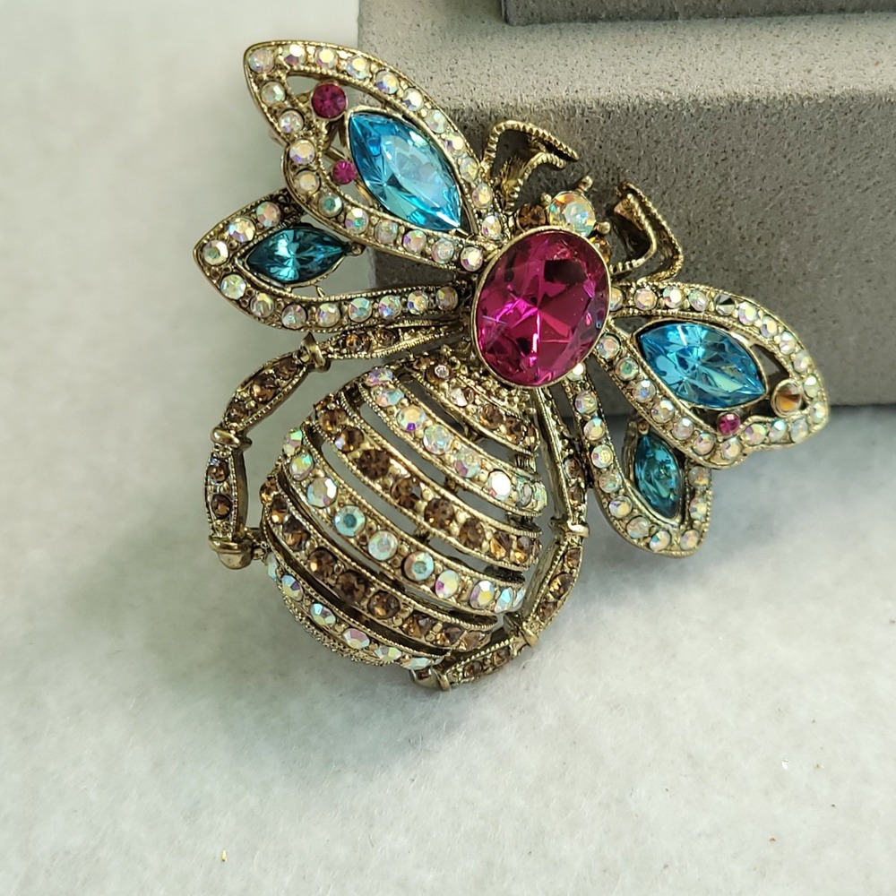 Gold Tone Rhinestone Bee Brooch Pink Blue Crystal Insect Statement Pin AS IS